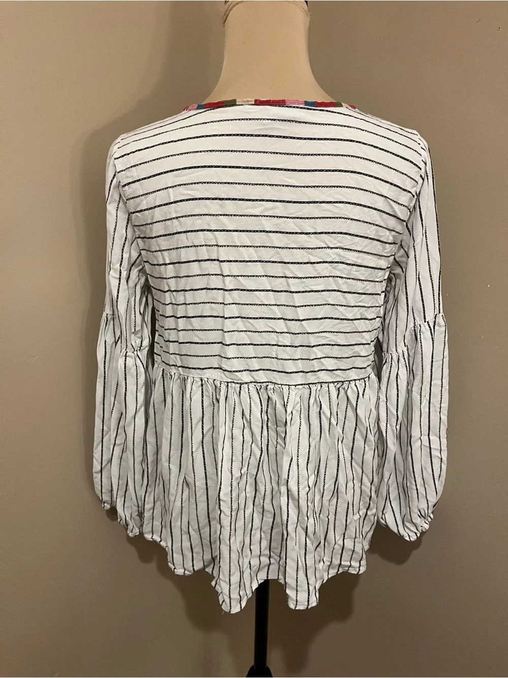 Striped White Peasant Top Embroidered Floral Yoke - White, Med - Picture 7 of 11